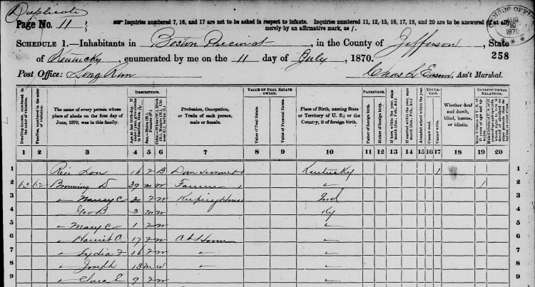 1870 U.S. Census, Boston, Jefferson, Kentucky, p.11, FamilySearch.org