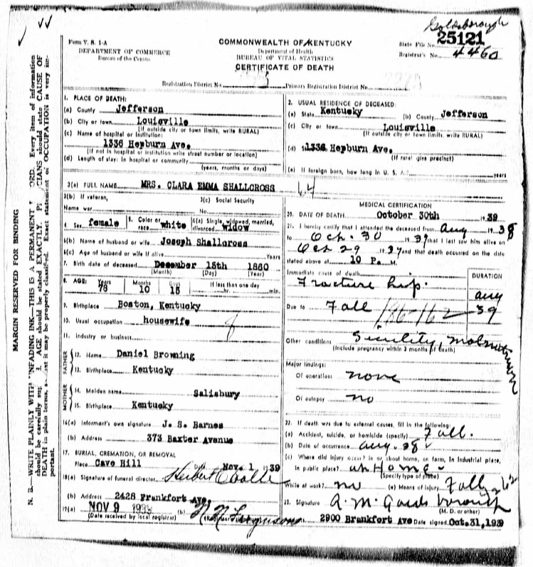 Jefferson County, Kentucky Deaths, 1911-1961, Vol. 51, certificate 25121, Ancestry.com