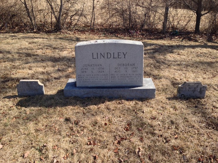 Jonathan and Deborah Lindley memorial stone with original tombstones on either side. Photo taken by Melissa Wiseheart, 28 Feb 2014.