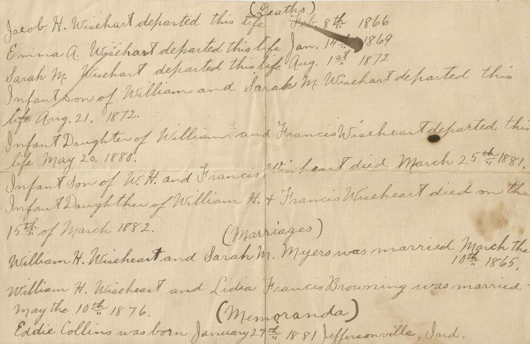 Transcription of the William H. Wiseheart Family Bible by William H. Wiseheart.  Deaths, Marriages, and Memoranda.