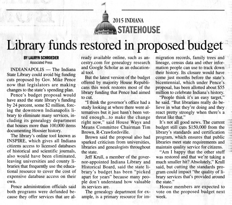 New Albany Tribune, Saturday 21 Feb 2015, p.A10, column 3