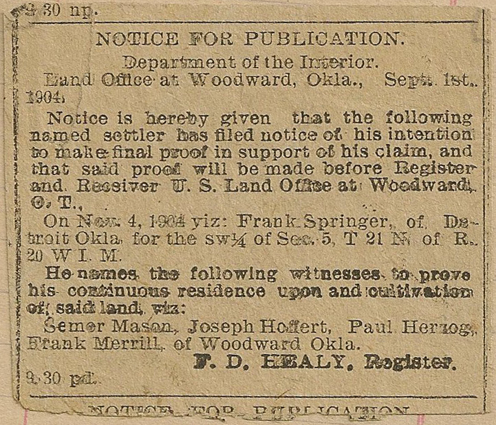 Newspaper article from Mildred Springer's ledger, 1908-1917.