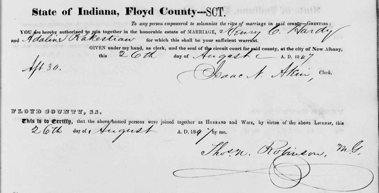Floyd County, Indiana Marriages, Vol. 3, p.101, Stuart Barth Wrege Indiana History Room