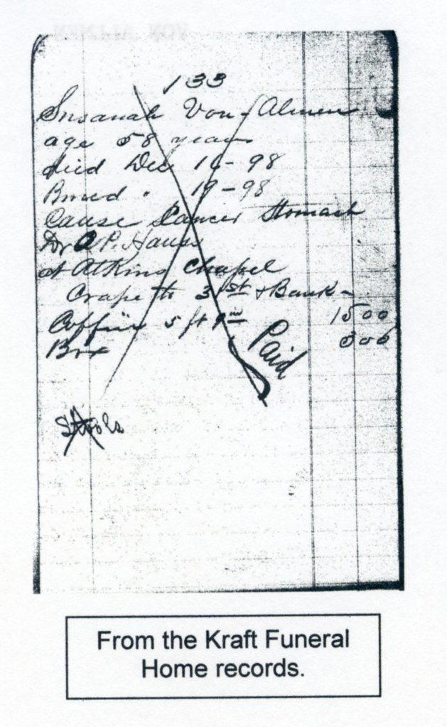 Kraft Funeral Home Records, courtesy of Shirley Wolf, Von Allmen Family File, Stuart Barth Wrege Indiana History Room