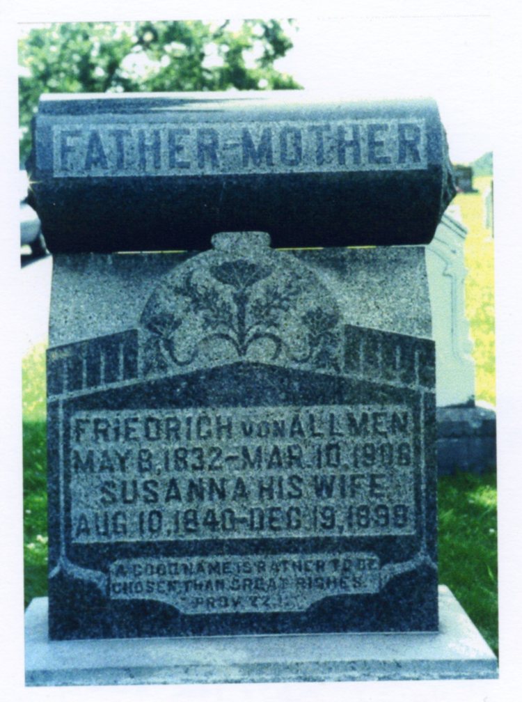 Tombstone of Friedrich and Susanna Von Allmen at Atkins Cemetery, courtesy of Shirley Wolf, Von Allmen Family File, Stuart Barth Wrege Indiana History Room