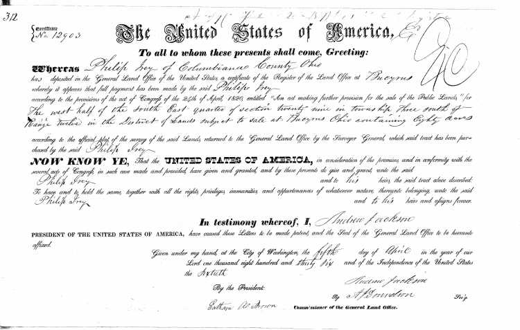 U.S. General Land Office Records, 1796-1907, deed for land in Bucyrus, Crawford, Ohio, Ancestry.com
