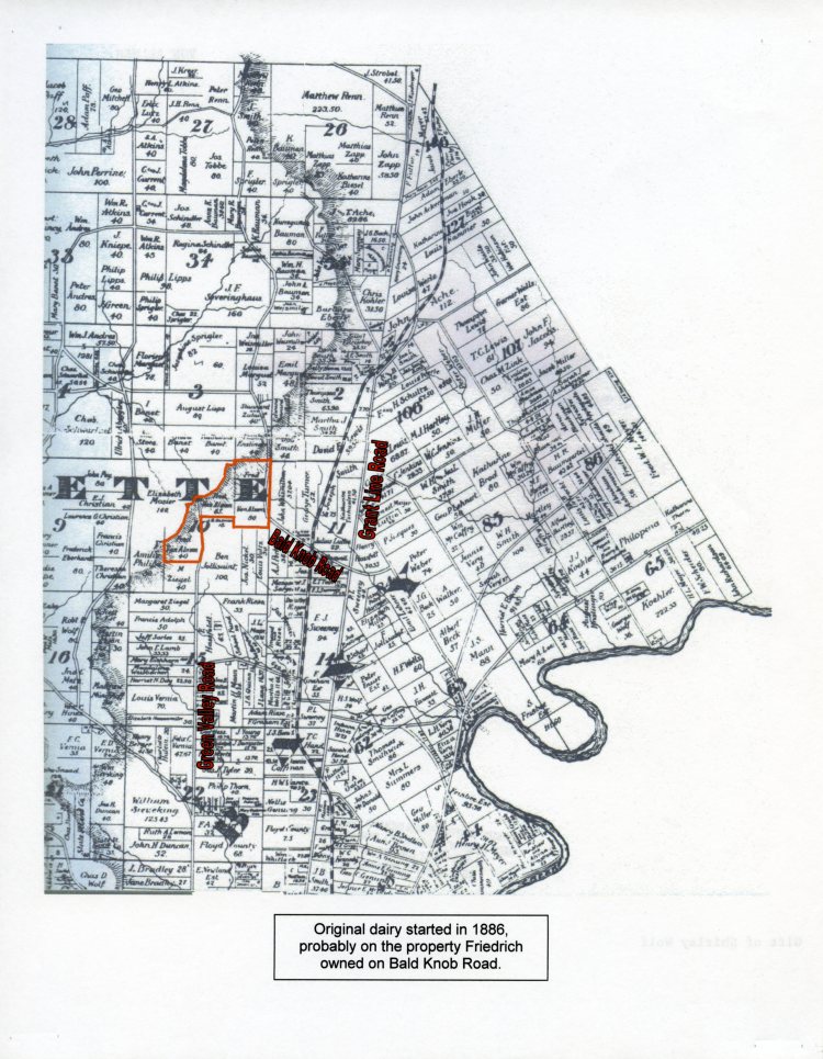 1898 Floyd County, Indiana Plat Map (annotated), courtesy of Shirley Wolfe, Von Allmen Family File, Stuart Barth Wrege Indiana History Room