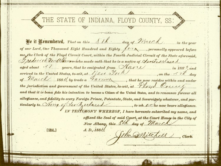 Oath of Allegiance, courtesy of Shirley Wolfe, Von Allmen Family File, Stuart Barth Wrege Indiana History Room
