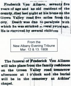 Obituaries, courtesy of Shirley Wolfe, Von Allmen Family File, Stuart Barth Wrege Indiana History Room