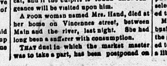 Susan Hand, Obituary, New Albany Ledger Standard, Friday, 28 February 1879, p. 3, column 4, Stuart Barth Wrege Indiana History Room