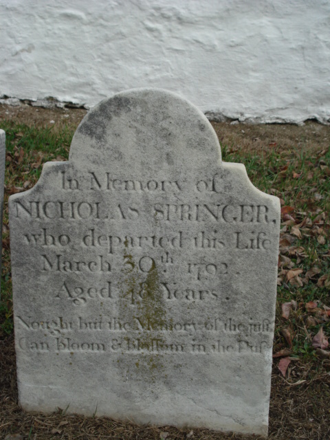 Tombstone of Nicholas Springer, FindAGrave.com, courtesy of Richard Morrison, 16 November 2007.