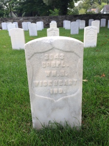 Tombstone of Corporal William Henry Wiseheart, New Albany National Cemetery.  Photograph taken by Melissa Wiseheart, 1 September 2014.