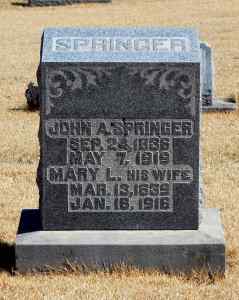 Tombstone, John A. and Mary L. Springer, photo courtesy of Allen Helderman, 20 March 2015, FindAGrave.com.